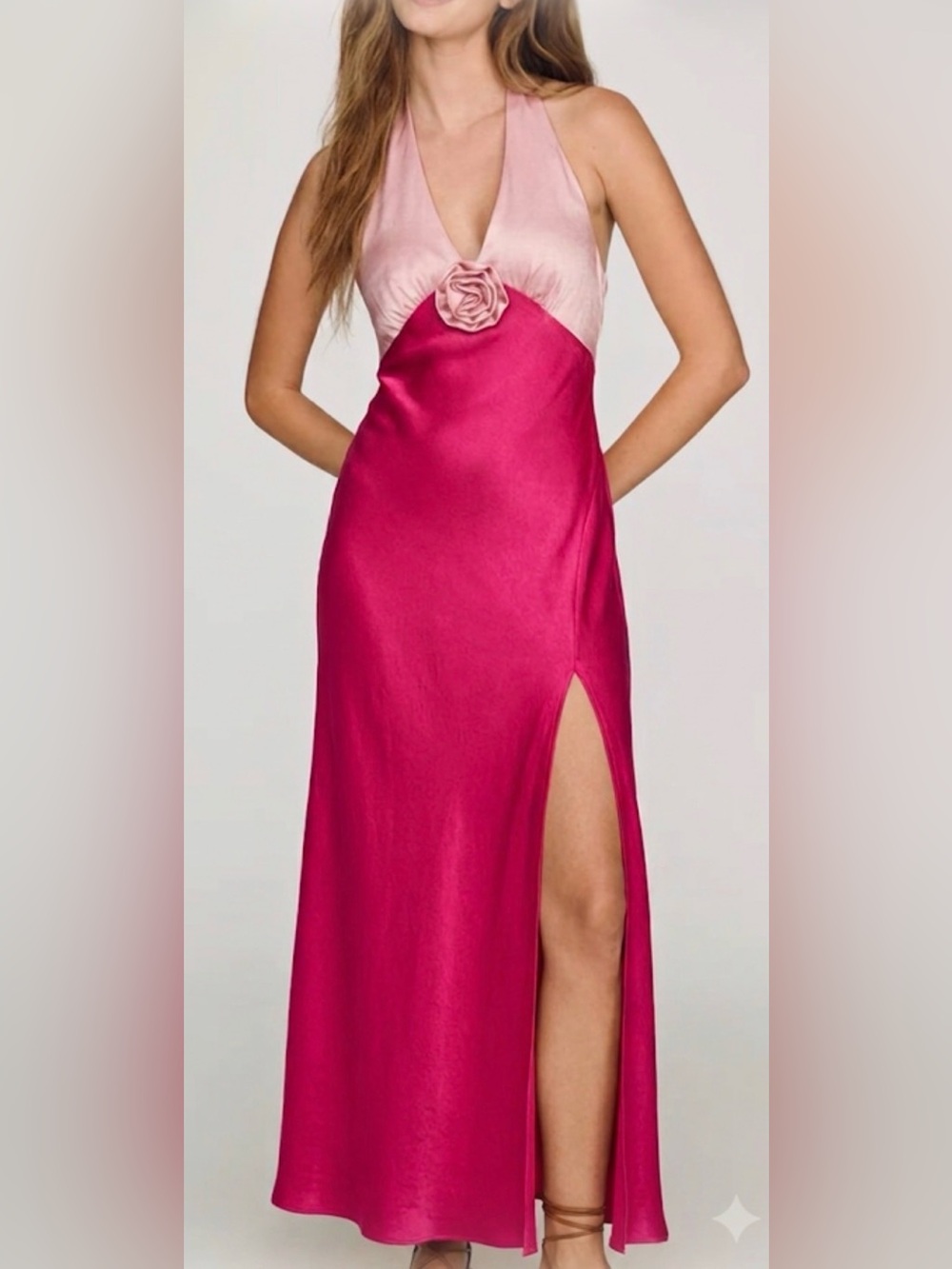Hello Molly Colorblock Satin Halter Maxi Dress with Rose Detail Women Size 4